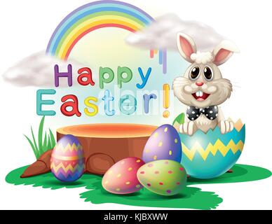 Illustration of a happy Easter greeting with a bunny and eggs on a white background Stock Vector