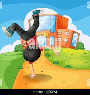 Illustration of a boy doing breakdance along the school Stock Vector