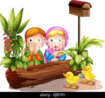 Illustration of the two girls and the ducklings near the mailbox on a white background Stock Vector