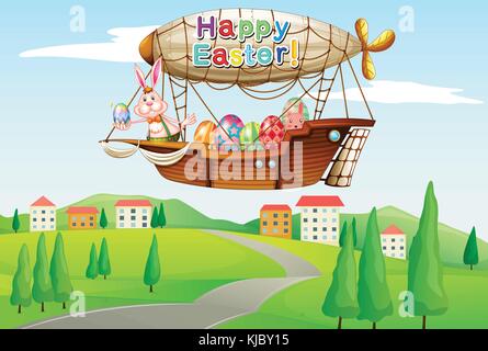 Illustration of an airship with colorful eggs and two bunnies Stock Vector