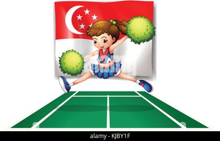 Illustration of the cheerleader with green pompoms and the flag of Singapore on a white background Stock Vector