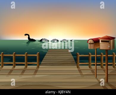 Illustration of a sunset at the port with two wooden mailboxes Stock Vector