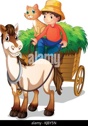 Illustration of a young boy with a horse and a cat on a white background Stock Vector