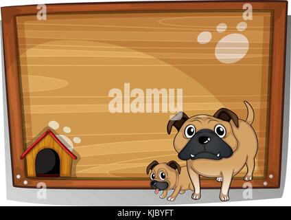Illustration of the two bulldogs beside a wooden board on a white background Stock Vector