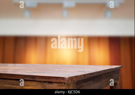 Empty wood table and blurred booked cafe light background. product ...
