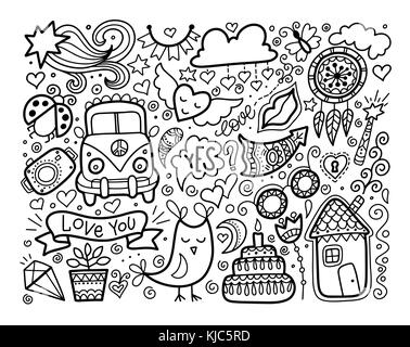 sketch doodle love set, black and white elements Stock Vector