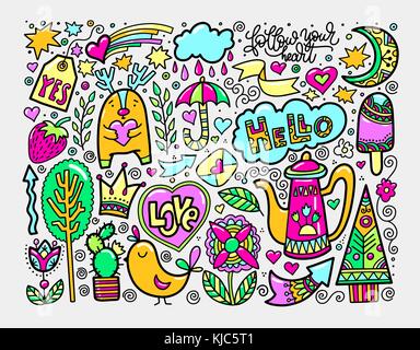 set of doodle sketch drawing nice elements in bright colors Stock Vector