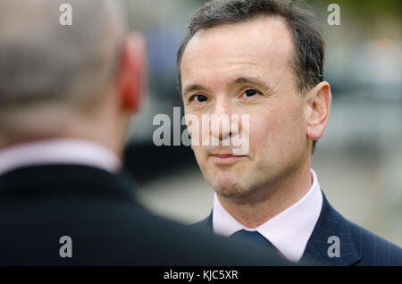 Alun Cairns MP (Con; Secretary of State for Wales) on College Green, Westminster, discussing Philip Hammonds budget, 22nd Nov 2017 Stock Photo