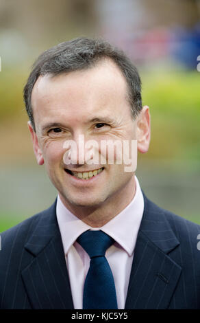 Alun Cairns MP (Con; Secretary of State for Wales) on College Green, Westminster, discussing Philip Hammonds budget, 22nd Nov 2017 Stock Photo