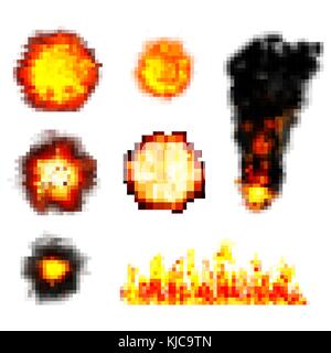 pixel boom. retro game explosions. vector set Stock Vector