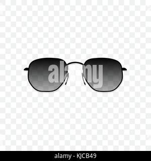 Realistic sunglasses with a translucent black glass on a transparent background. Protection from sun and ultraviolet rays. Fashion accessory vector illustration. Stock Vector