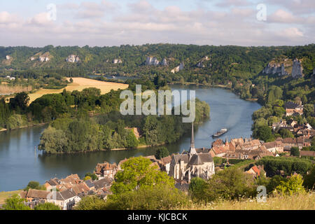 A barge passing Le Petit Andely, the lîle du Château, on the river Seine from above, Les Andelys, Normandy, France, Europe Stock Photo
