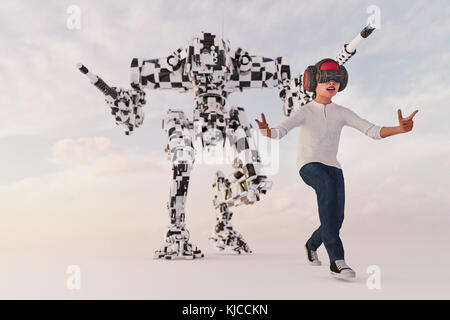 Boy wearing virtual reality goggles imitating robot soldier Stock Photo