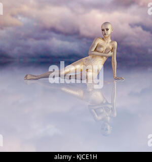 Futuristic golden woman sitting in sky Stock Photo