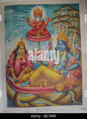 Vishnu rests on the serpent Ananta while Brahma appears within a lotus flower emanating from Vishnu's navel Stock Photo