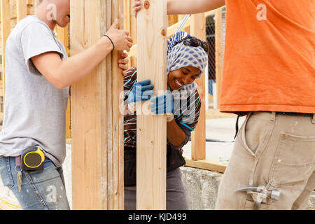 Volunteers holding lumber at construction site Stock Photo
