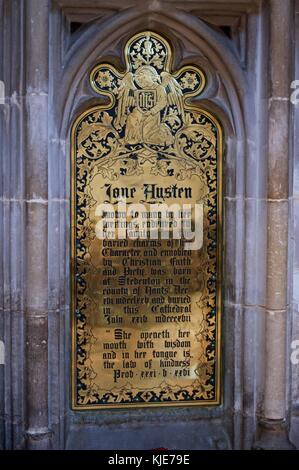 Gravestone of novelist Jane Austen in Winchester Cathedral, Winchester, UK Stock Photo