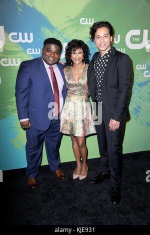 NEW YORK, NY - MAY 19: Jonathan Langdon, Sarayu Blue, Jesse Rath attends The CW Network's 2016 New York Upfront at The London Hotel on May 19, 2016 in New York City  People:  Jonathan Langdon, Sarayu Blue, Jesse Rath Stock Photo