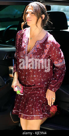 NEW YORK, NY - JUNE14: Camila Alves looks chic in burgundy top and pencil skirt as she leaves New York hotel. Camila Alves is a Brazilian-American model and designer. She is married to American actor Matthew McConaughey on June 14, 2016 in New York City.  People:  Camila Alves Stock Photo