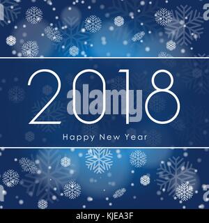 Happy New 2018 Year. Greetings banner with white Snowflake on blue Winter background. Vector illustration Stock Vector