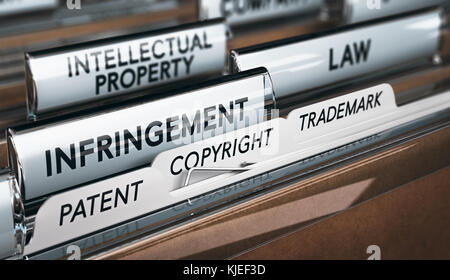 3D illustration of a folder, focus on a tab with the word infringement. Conceptual image of copyright law Stock Photo