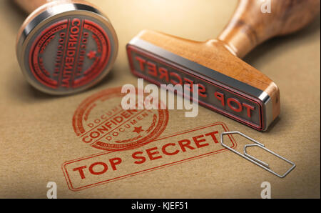 3D illustration of two rubber stamps with the text confidential and top secret stamped on brown paper background. Sensitive information and National s Stock Photo