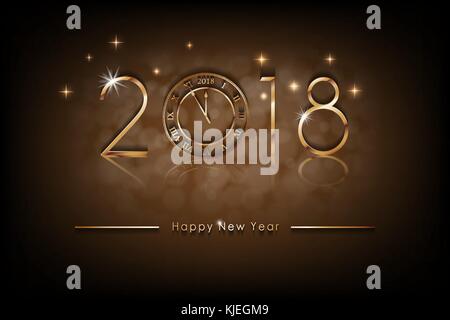 Happy New 2018 Year illustration. Greetings New Year background banner with gold clock. Colorful bronze Winter Background. Vector Stock Vector