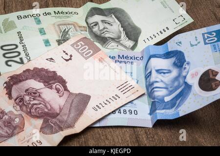 Bills of 20, 200 and 500 Mexican pesos seem sad. Stock Photo