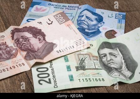 Bills of 20, 200 and 500 mexican pesos seems to be sad. Stock Photo