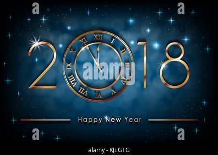 Happy New 2018 Year illustration on blue shiny background. Greetings New Year banner with gold clock. Colorful Winter Background. Vector Stock Vector