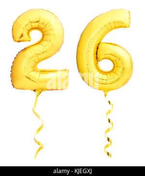 Golden number 26 twenty six made of inflatable balloon with golden ribbon isolated on white background Stock Photo