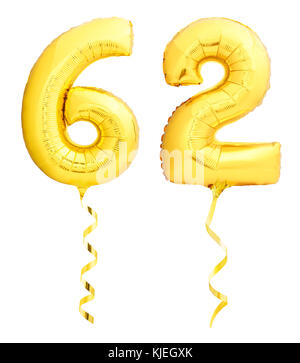Golden number sixty two 62 made of inflatable balloon with golden ribbon isolated on white background Stock Photo