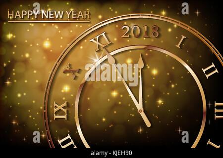 Happy New 2018 Year with bokeh and lens flare pattern in vintage color style background. New Year banner with gold clock. Vector illustration Stock Vector