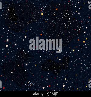 Seamless Pattern with stars and bright shiny stars on dark background. Colorful Cosmic Background for cards, book covers, templates, patterns, etc. Ve Stock Vector