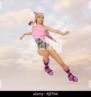 Futuristic woman wearing hovering boots in sky Stock Photo