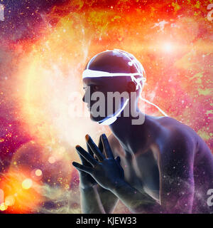Blue man in orange cyberspace Stock Photo