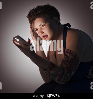 Overweight woman texting on cell phone Stock Photo
