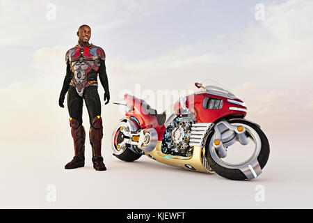Smiling man standing near futuristic motorcycle Stock Photo