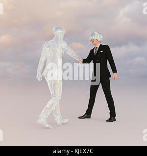 Businessman wearing virtual reality goggles shaking hands with transparent businessman Stock Photo