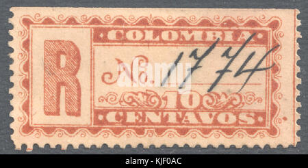 This is an image of the 1892 Colombian stamp ScF12, a significant piece in philatelic history. It shows the use of postage during the late 19th century in Colombia. Stock Photo