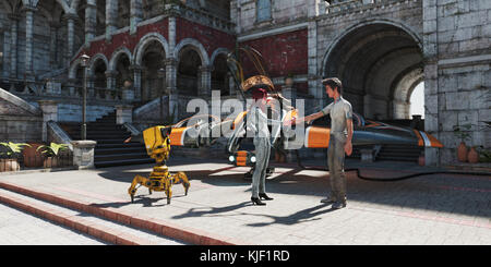 Man and woman shaking hands in futuristic city Stock Photo