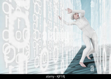 Woman leaning in binary code walls Stock Photo
