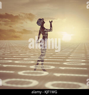 Woman standing in binary code wearing virtual reality goggles Stock Photo