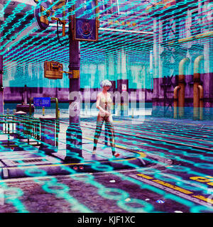 Woman walking in binary code wearing virtual reality goggles Stock Photo