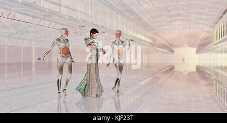 Woman and robots in futuristic corridor Stock Photo
