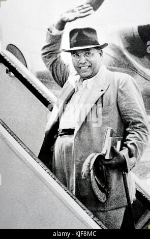 Dr Babasaheb Ambedkar smiling in a 1952, on his way to Columbia University to pick up an honorary degree Stock Photo