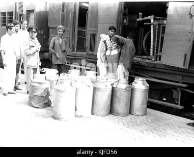 Delhi Milk Supply Scheme Milk cans arriving by train daily 1951 Stock Photo