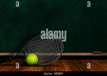 Tennis racket and ball on table with background chalk board and copy space. Stock Photo