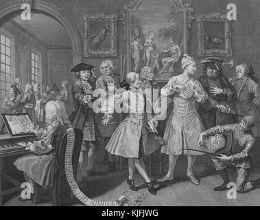 Etching and engraving on paper, titled 'A Rake's Progress, Plate 2, The young aristocrat, Tom Rakewell has set himself up in fine furnishings', depicting a group of aristocrats in a room, one playing a harpsichord, some showing fencing moves, by William Hogarth, 1735. From the New York Public Library. Stock Photo