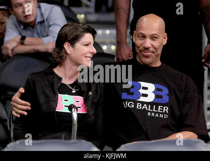 Sunday October 22, 2017;  Celebs out at the Lakers game. The New Orleans Pelicans defeated the Los Angeles Lakers by the final score of 119-112 at Staples Center in Los Angeles, CA.  Featuring: LaVar Ball, Tina Ball Where: Pasadena, California, United States When: 23 Oct 2017 Credit: WENN.com Stock Photo